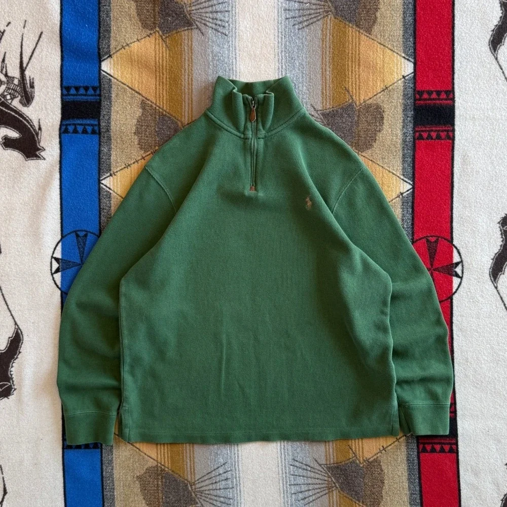 Polo Ralph Lauren Mens Green 1/4 Zip Cotton Knit Pullover Sweater Large